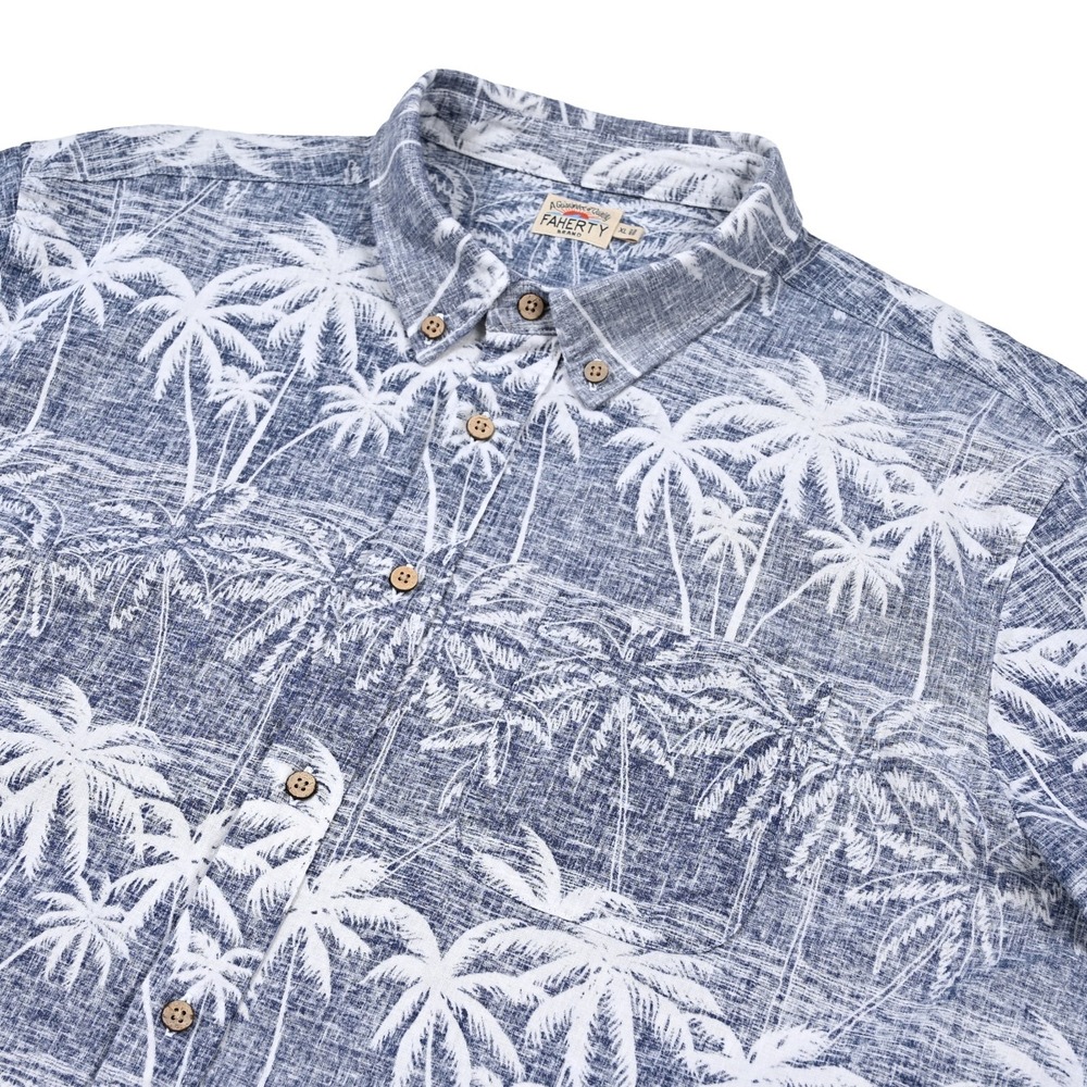 Faherty Mens XL Breeze Shirt Blue Palm Tree Hemp Blend Reverse Print S/S Resort